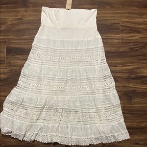 White A-Line Crochet Tiered Maxi Skirt